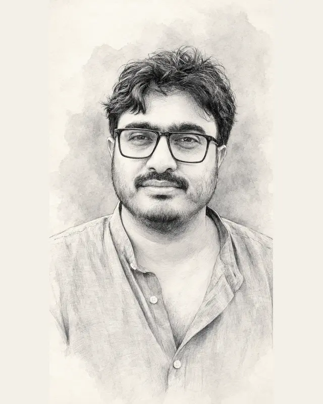 Black and white portrait illustration of Abhishek Majumdar
