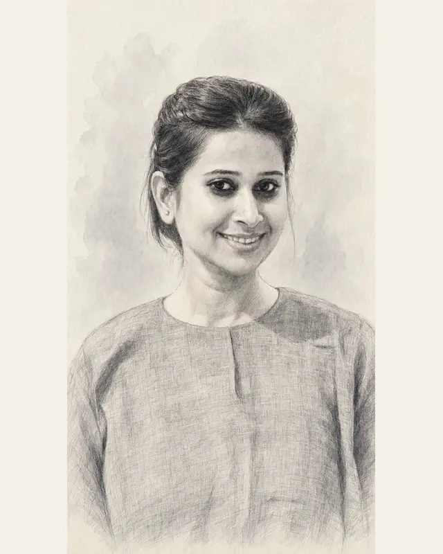 Black and white portrait illustration of Chinki Sinha