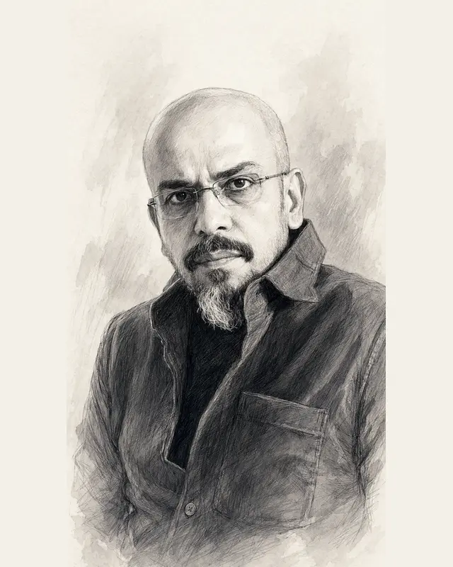 Black and white portrait illustration of Devashish Makhija
