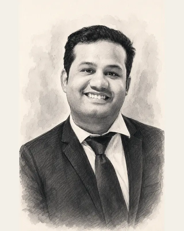 Black and white portrait illustration of Gaurav Somwanshi
