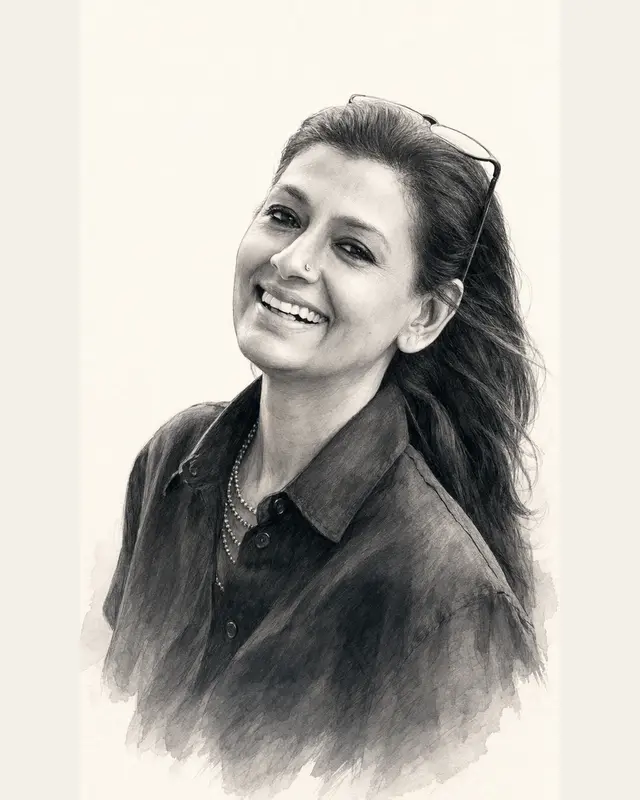 Black and white portrait illustration of Nandita Das