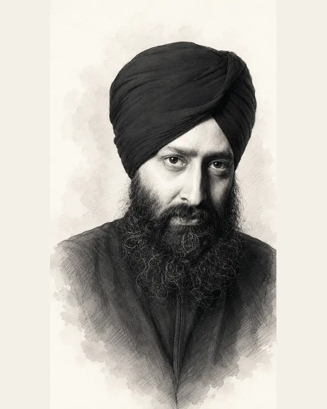 Black and white portrait illustration of Rabbi Shergill
