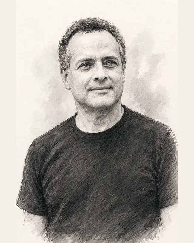 Black and white portrait illustration of Vijay Prashad