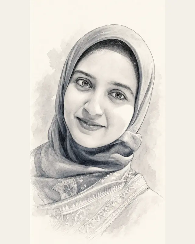 Black and white portrait illustration of Zehra Naqvi