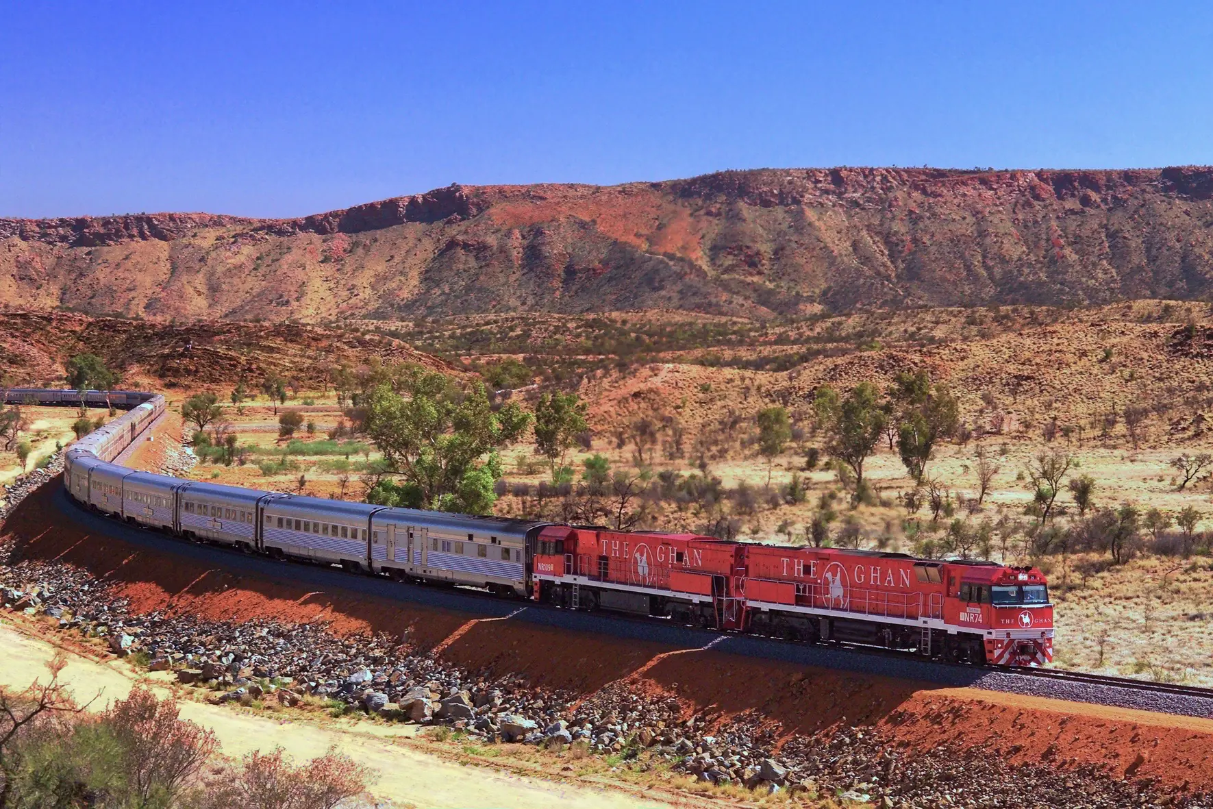 The Ghan travelling through Central Australia