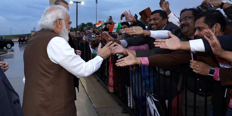The Prime Minister, Shri Narendra Modi being greeted by the Indian Community on his arrival in Washington DC on September 22, 2021. (Photo: PIB)