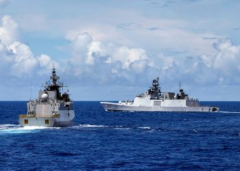 Indian Navy warships INS Kadmaat and INS Shivalik conduct maritime manoeuvres with HMAS Warramunga as they sail towards Darwin for AUSINDEX 2021.