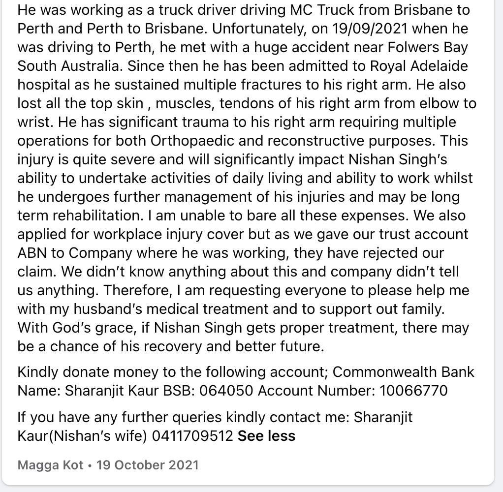 “There may be a chance of his recovery”: wife appeals for help after Indian truckie's accident 3 Screen Shot 2021 10 24 at 9.57.10 am