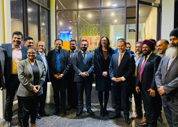 Amar Singh, Gurmeet Singh Tuli and other business owners with Liberal Parramatta candidate Maria Kovacic and Immigration minister Alex Hawke