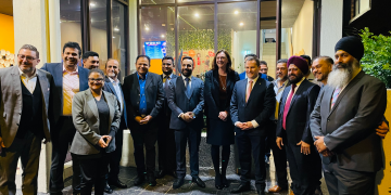 Amar Singh, Gurmeet Singh Tuli and other business owners with Liberal Parramatta candidate Maria Kovacic and Immigration minister Alex Hawke