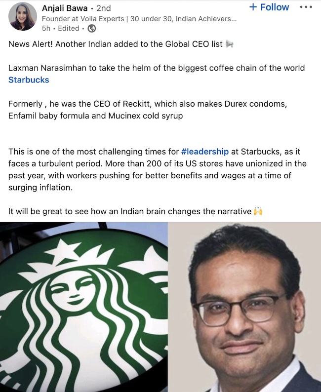 OPINION: Laxman and Sonia 3 Laxman Narasimhan Starbucks CEO 2