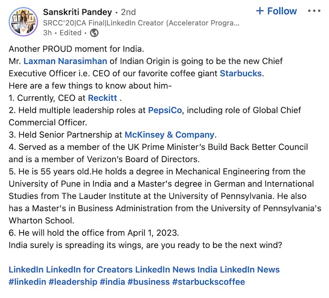 OPINION: Laxman and Sonia 4 Laxman Narasimhan Starbucks CEO 3