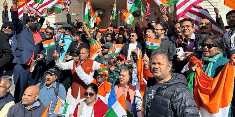 Indian Americans hold a rally against "discriminatory" caste legislation