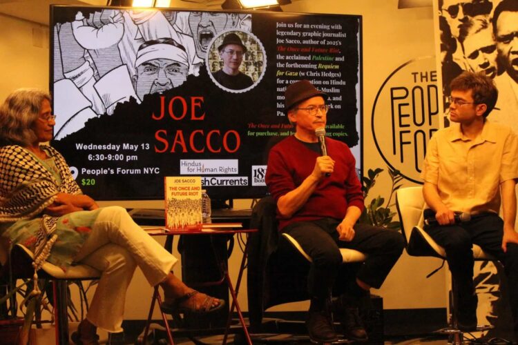 Joe Sacco,, center, speaks at a panel discussion organized by Hindus for Human Rights and Jewish Currents at People's Forum in New York City on May 13. Credit: Biplob Kumar Das