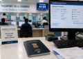 Indian passport on a Passport Seva Kendra counter with digital processing screen in background, India passport renewal NRI 2026