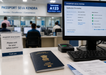 Indian passport on a Passport Seva Kendra counter with digital processing screen in background, India passport renewal NRI 2026