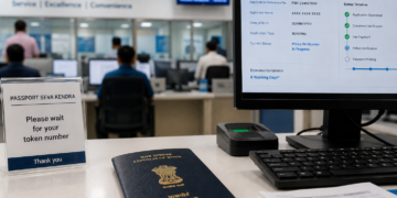 Indian passport on a Passport Seva Kendra counter with digital processing screen in background, India passport renewal NRI 2026