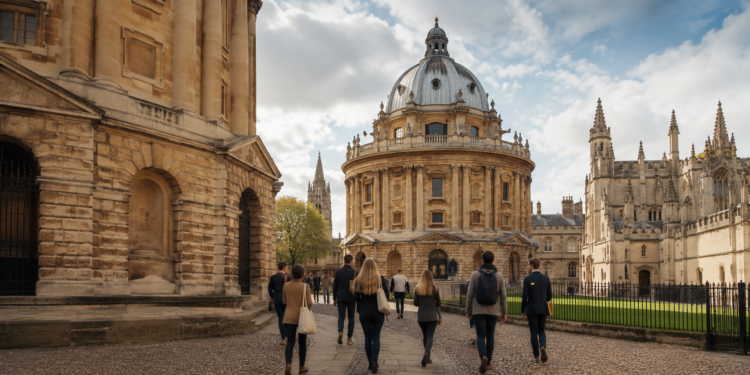 Rhodes Scholarship 2027: Applications Open for Indian Students at Oxford 1 Postgraduate students walking through University of Oxford campus, Rhodes Scholarship 2027 India