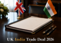 Signed bilateral trade agreement and pens on a conference table, India UK trade deal 2026.