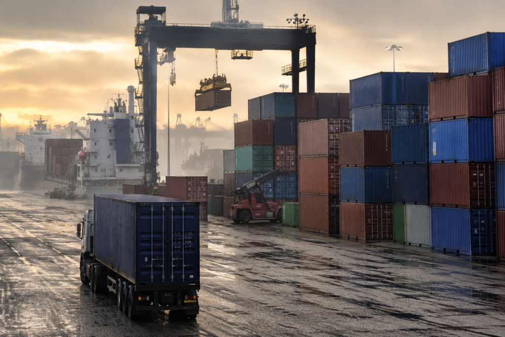 UK-India Trade Deal Goes Live on 15 July: What It Means for Indians in Britain 2 Shipping containers at an international cargo port at dawn, UK India CETA tariff reductions on exports.