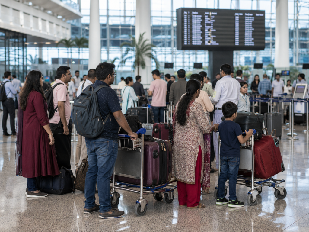 Air India Express to Launch First International Flight from Navi Mumbai Airport, Abu Dhabi Service Begins July 15 2 Passengers preparing for international travel between India and the UAE at an airport terminal.