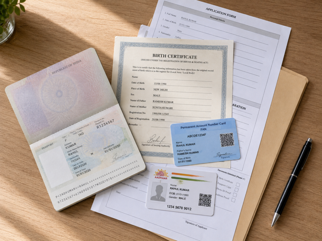 Indian passport and citizenship documents at home, passport surrender certificate OCI application