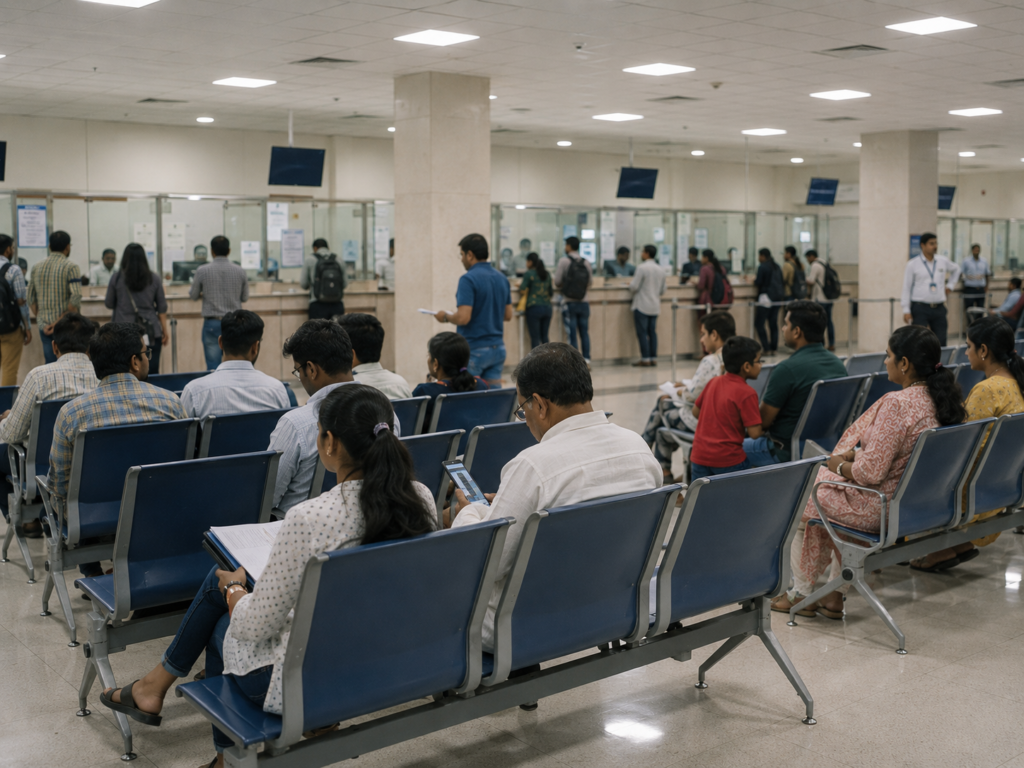 Applicants waiting at a Passport Seva Kendra in India, Indian passport application process 2026