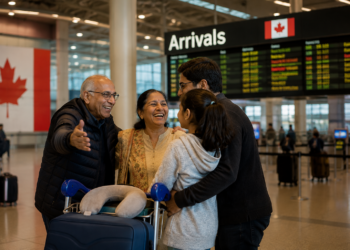 Canada cuts Super Visa wait for Indians to 50 days. Study permits remain the stubborn exception. 3 Indian family at a Canadian airport arrivals hall, Canada super visa processing time Indians 2026