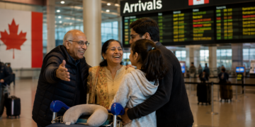 Indian family at a Canadian airport arrivals hall, Canada super visa processing time Indians 2026