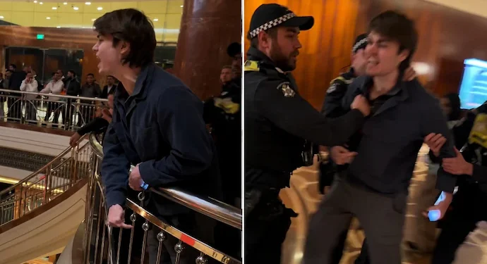 Far-right activist shouts anti-India slogans at Modi's Melbourne hotel. Police remove him within minutes. 1 Hugo Lennon anti-immigration protest Modi Melbourne 2026