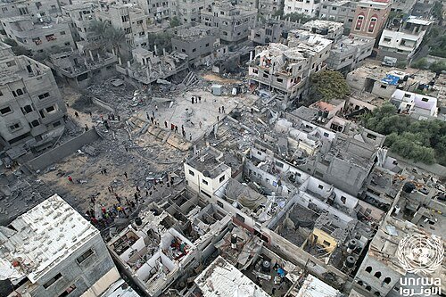 An aerial view of the destruction of buildings in Nuseirat camp Gaza Strip