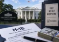 Indian professional reviewing H-1B visa fee documents on laptop, H-1B fee rule White House review 2026
