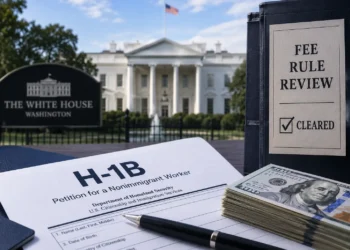 Indian professional reviewing H-1B visa fee documents on laptop, H-1B fee rule White House review 2026