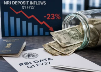 NRI Deposit Inflows Drop Significant 23% in Q1 FY27, RBI Data Reveals 3 Indian rupee and US dollar notes with RBI quarterly bulletin chart, NRI deposit inflows Q1 FY27 2026
