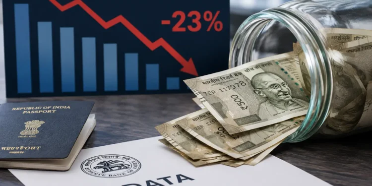 NRI Deposit Inflows Drop Significant 23% in Q1 FY27, RBI Data Reveals 1 Indian rupee and US dollar notes with RBI quarterly bulletin chart, NRI deposit inflows Q1 FY27 2026