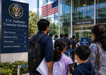 US Embassy Confirms Alarming Rule: Every Child Needs a Visa Interview Too 3 Indian parent and child at US visa application centre, US visa interview minors US embassy rule