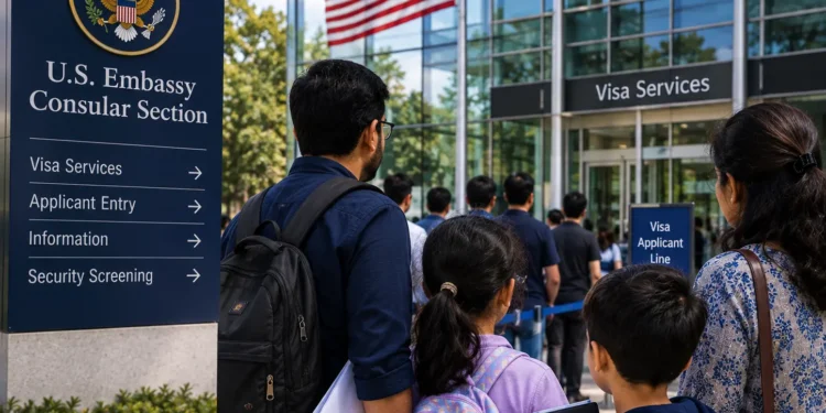 US Embassy Confirms Alarming Rule: Every Child Needs a Visa Interview Too 1 Indian parent and child at US visa application centre, US visa interview minors US embassy rule