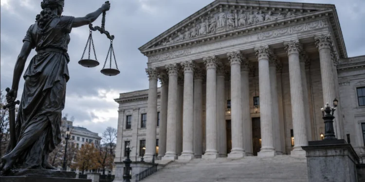 New $103,265 H-1B Fee Alarms Indian Tech Workers 1 Scales of justice before a federal courthouse, symbolizing the H-1B visa fee 2026 litigation