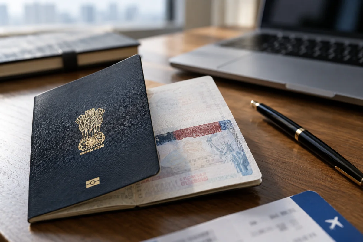 New $103,265 H-1B Fee Alarms Indian Tech Workers 2 Indian passport with a US visa stamp on a desk, symbolizing the H-1B visa fee 2026 proposal
