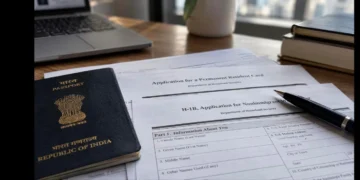 H-1B applications from Indian IT firms have declined for years, shown by an Indian passport beside H-1B and green card forms