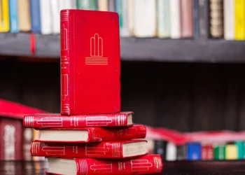 A stack of red hardcover books on a dark wooden shelf, representing Indian-American novels 2025
