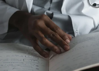 A doctor's hand on medical exam notes with a stethoscope, representing the ECFMG path an Indian doctor follows toward US licensure