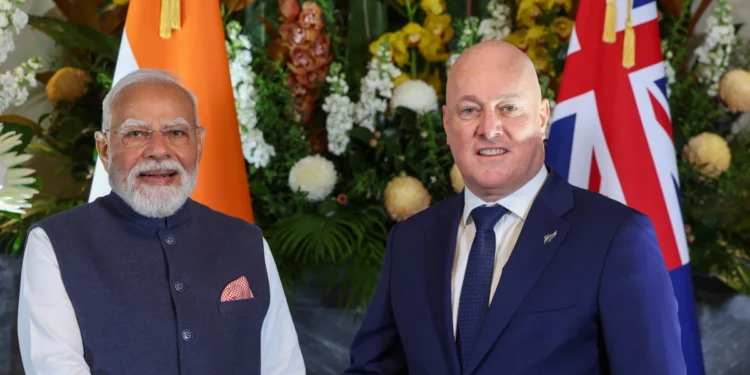 Indian Prime Minister Narendra Modi and New Zealand Prime Minister Christopher Luxon shake hands in Auckland ahead of the New Zealand India trade deal