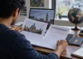 Indian student reviewing UK study visa application documents at a desk, representing the fall in UK study visa applications for Indian students