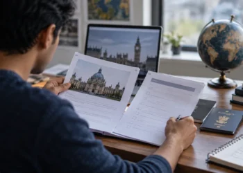 Indian student reviewing UK study visa application documents at a desk, representing the fall in UK study visa applications for Indian students