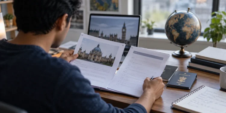 UK Study Visa Applications Crash 16%: Grim UK Student Visa News for Indian Students 1 Indian student reviewing UK study visa application documents at a desk, representing the fall in UK study visa applications for Indian students