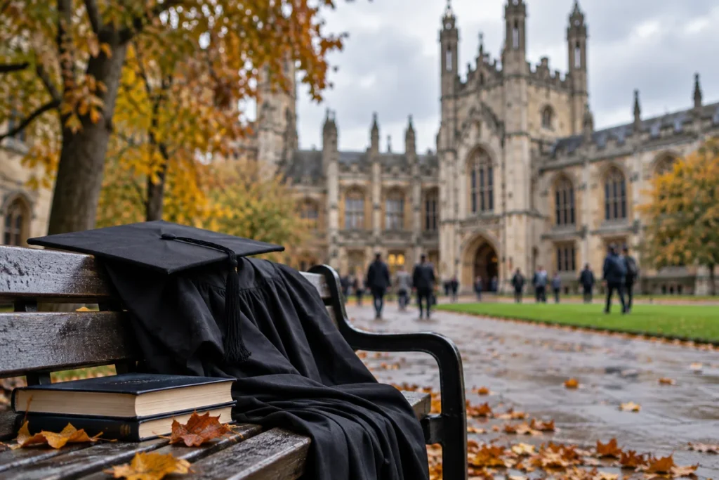 UK Study Visa Applications Crash 16%: Grim UK Student Visa News for Indian Students 2 UK university campus in autumn with a graduation cap and gown, symbolising the UK Graduate Route changes affecting UK study visa applications