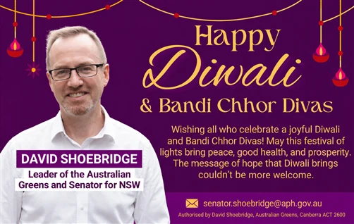 Happy Diwali and Bandi Chhor Divas from David Shoebridge, Leader of the Australian Greens and Senator for NSW