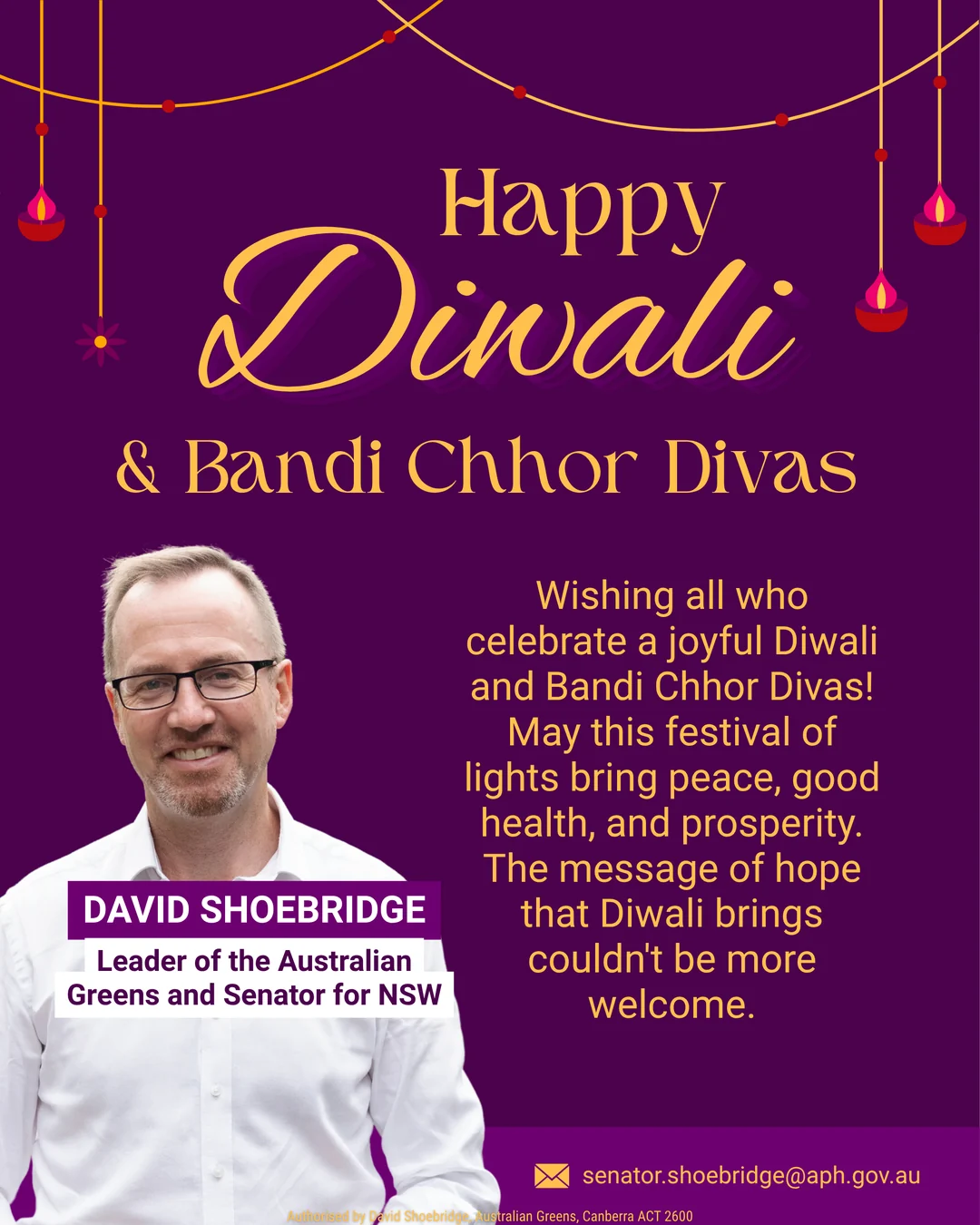 Happy Diwali and Bandi Chhor Divas from David Shoebridge, Leader of the Australian Greens and Senator for NSW