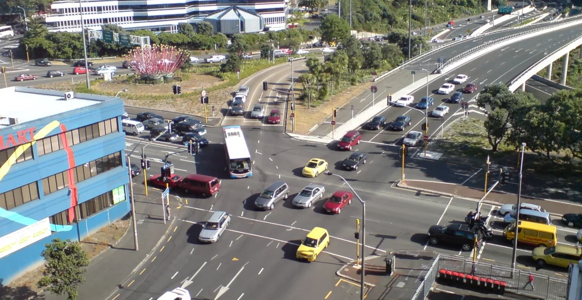 Traffic at an Auckland intersection, illustrating Indian driving licence in New Zealand.